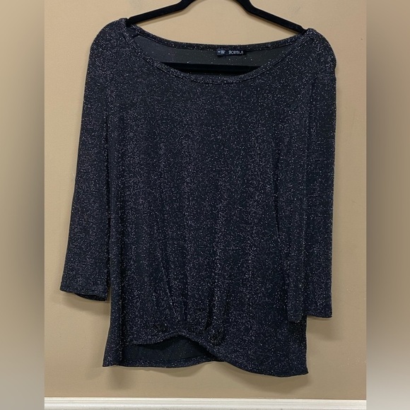 Storybuk Black Sparkle 3/4 Sleeve Ruched Hem Blouse Size Petite Med NWT - Picture 1 of 6
